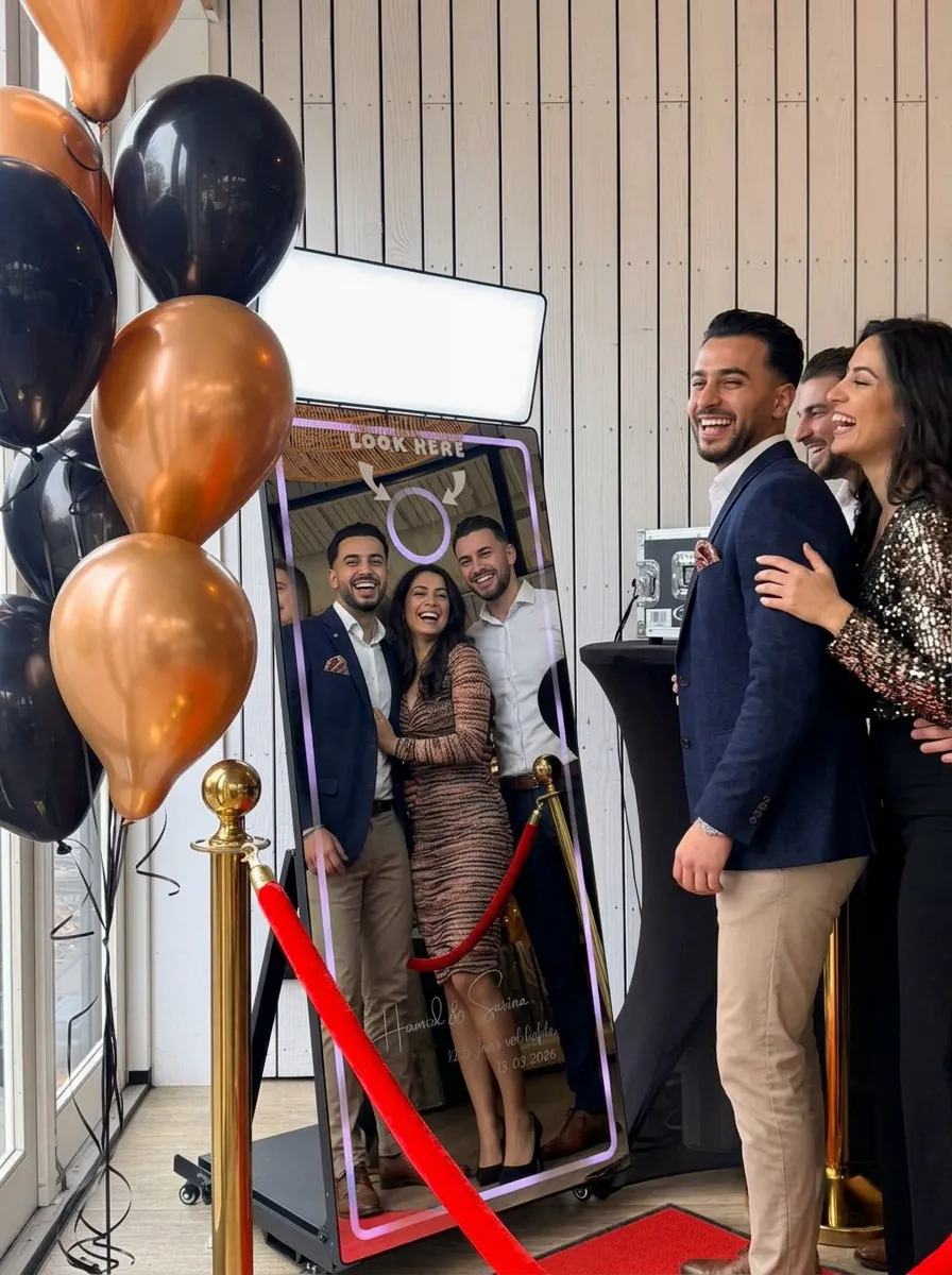 Vrienden lachend in de art-deco Discobooth met gouden confetti