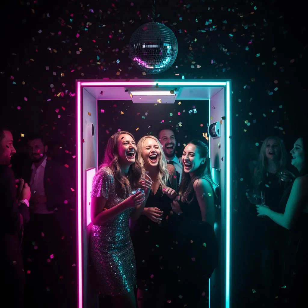 Vrienden lachend in een Discobooth met confetti en disco bal